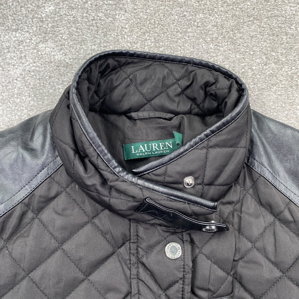 Lauren Ralph Lauren Quilted Jacket Women Size S Black Faux Leather Trim Snap - Picture 10 of 14